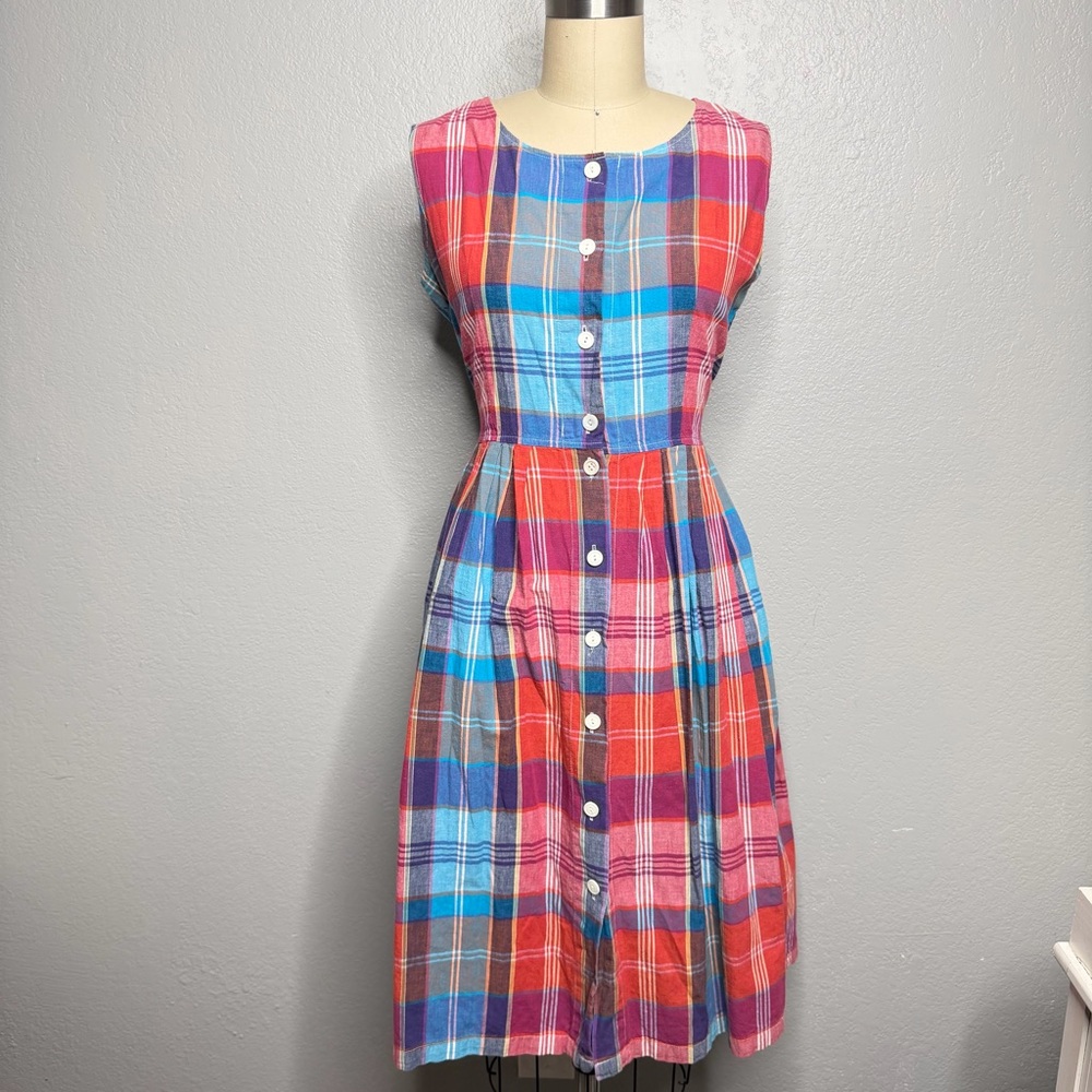 Vintage 60s handmade Plaid Sleeveless Dress Sz M - Picture 2 of 5